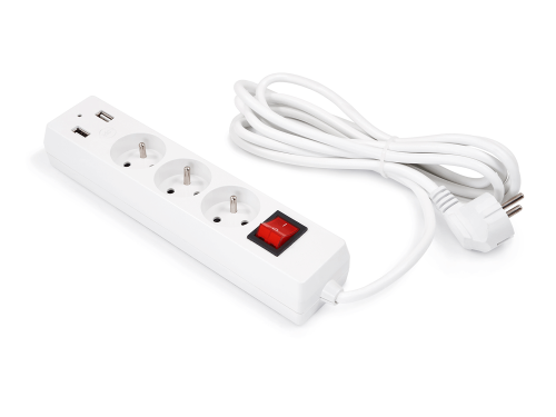Przedłużacz listwowy 3m - 3 x gniazdo zasilające 230V + 2 x USB - Biały