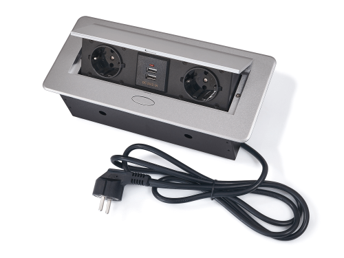 Rozdzielacz biurkowy wpuszczany w blat, listwa zasilająca z 2x gniazdo zasilające oraz 2x USB 2.1 Multibox 2 - Srebrny