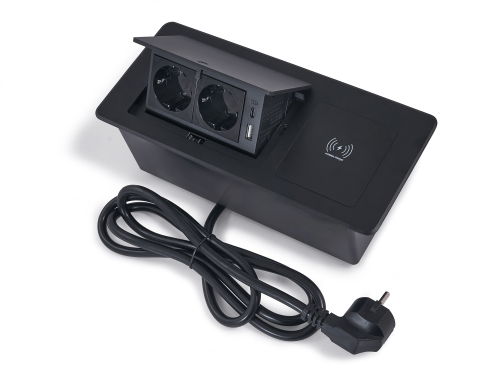 Listwa zasilająca wpuszczana w blat, 2x gniazdo 230V, USB A+C, ładowarka indukcyjna Multibox VII - Czarny mat