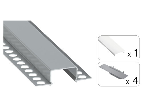 Zestaw: Profil aluminiowy Tekkni Horst - 2,02m - do płyt G-K - klosz mleczny + 4 zaślepki