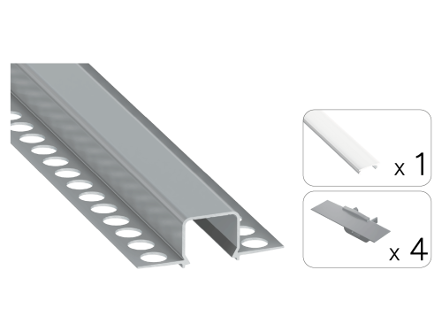 Zestaw: Profil aluminiowy Tekkni Mosso - 2,02m - do płyt G-K - klosz mleczny + 4 zaślepki