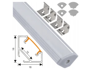 Profil aluminiowy narożny do taśm LED 1m srebrny anodowany z kloszem mlecznym i akcesoriami