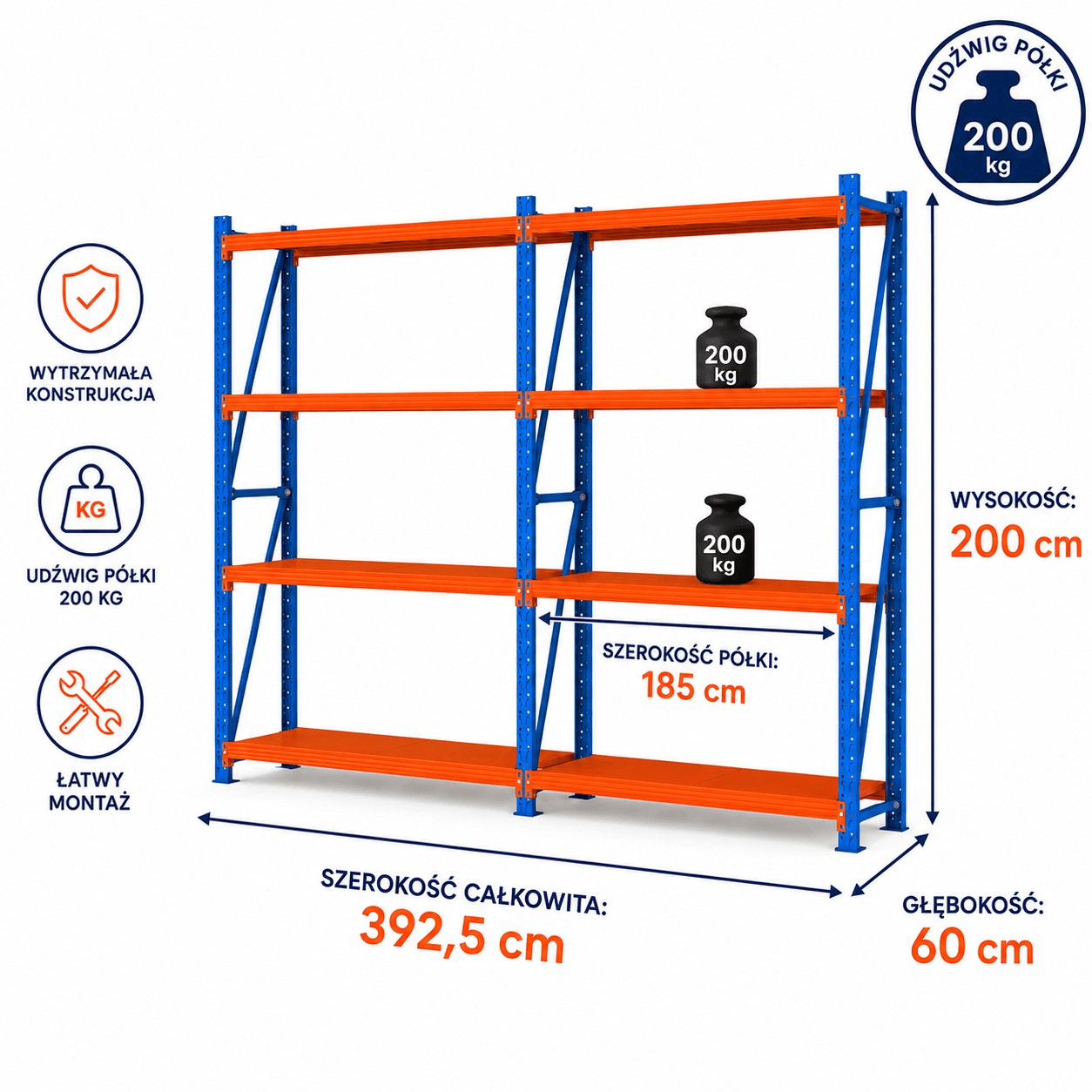 Raft metalic de depozit cu 8 polițe 400x200x60 cm până la 200 kg – dimensiunile raftului