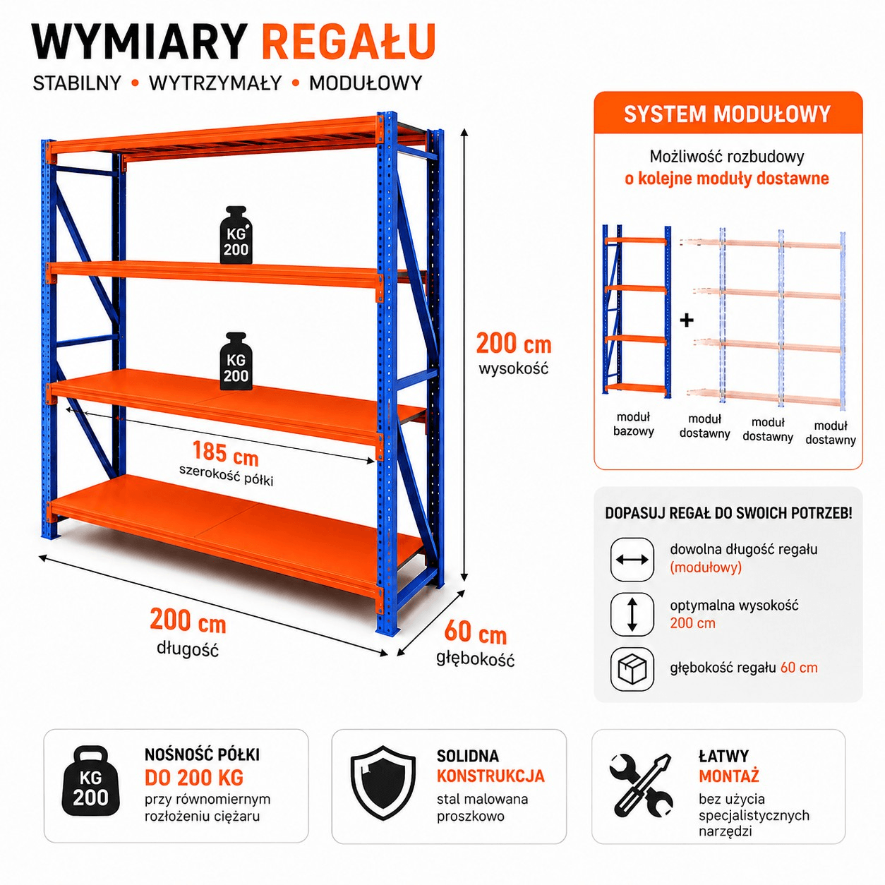 Raft metalic de depozit cu 12 polițe 600x200x60 cm până la 200 kg – sistem modular: posibilitatea de extindere cu module suplimentare