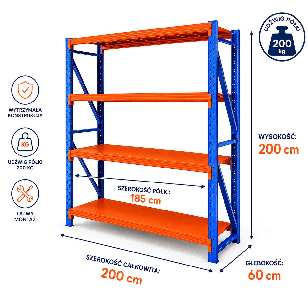 Raft metalic de depozit cu 4 polițe 200x200x60 cm până la 200 kg – dimensiunile raftului