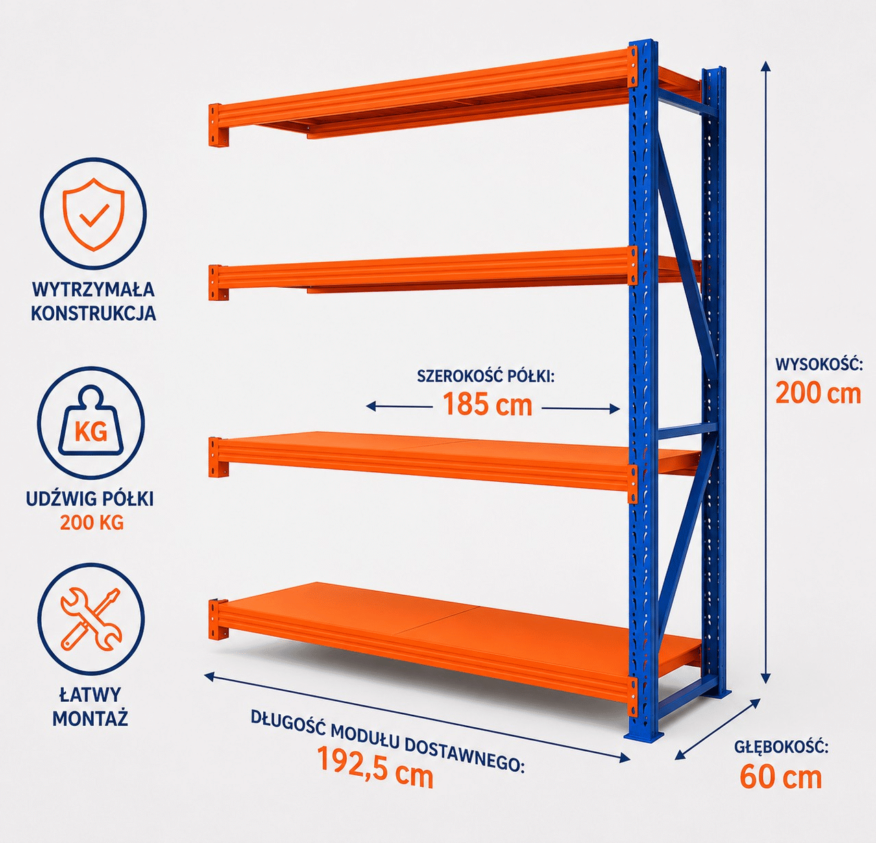 Modul de extensie pentru raft de depozit cu 4 polițe 200x192.5x60 cm până la 200 kg – dimensiunile raftului