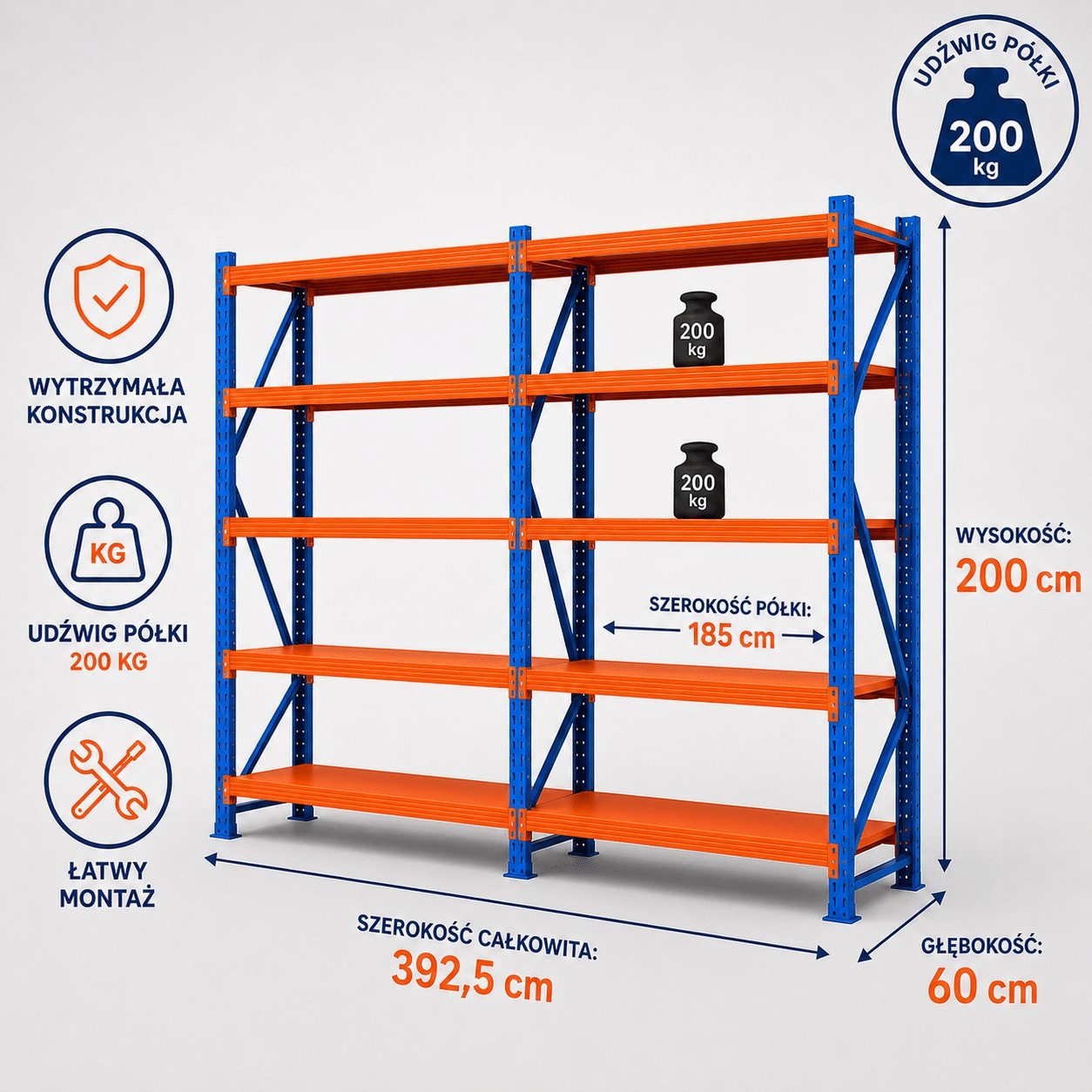 Raft metalic de depozit cu 10 polițe 400x200x60 cm până la 200 kg – dimensiunile raftului