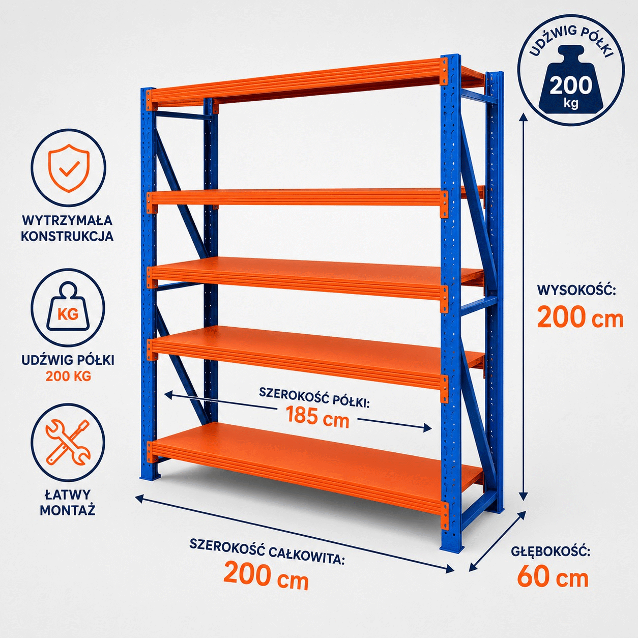 Raft metalic de depozit cu 5 polițe 200x200x60 cm până la 200 kg – dimensiunile raftului
