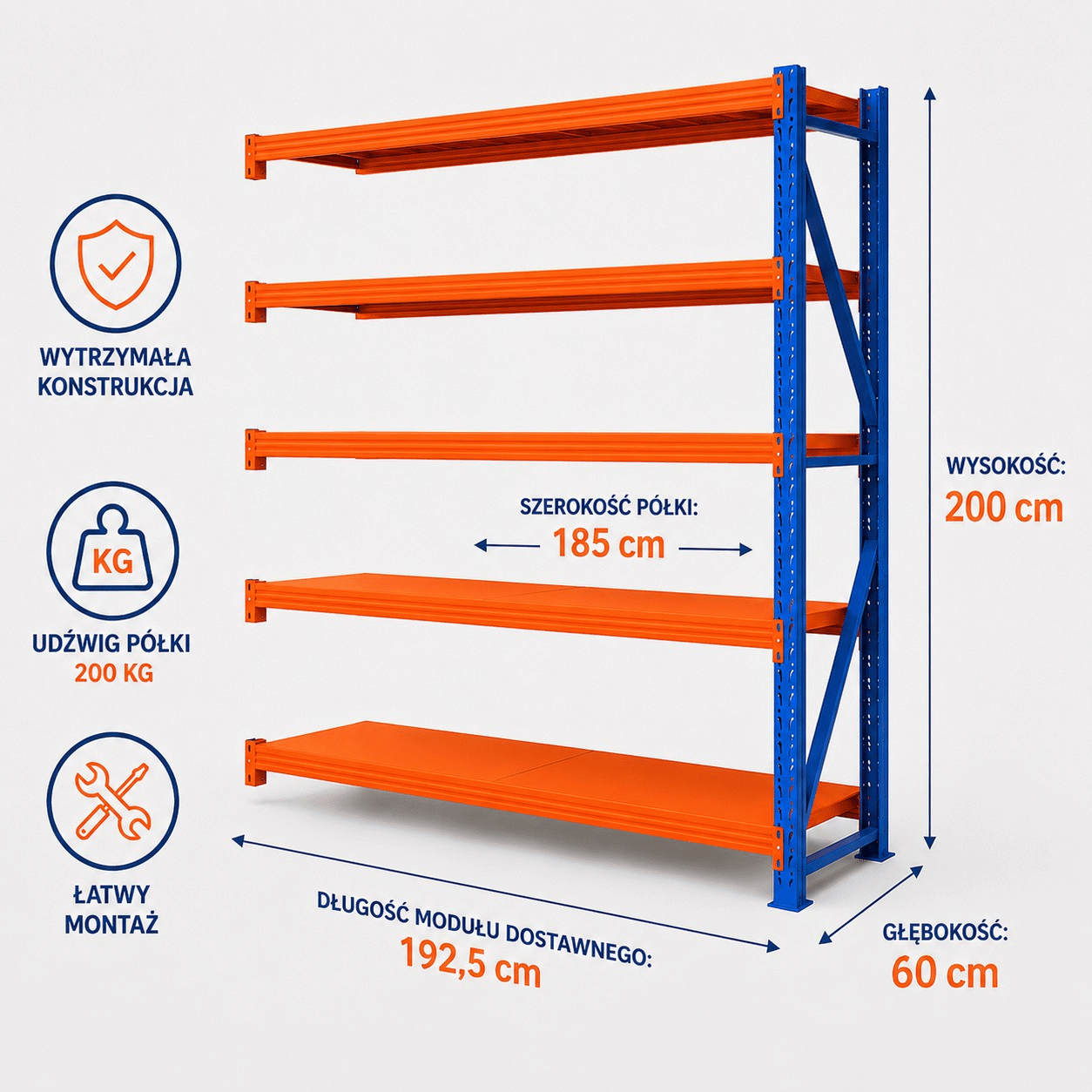 Modul de extensie pentru raft de depozit cu 5 polițe 200x192.5x60 cm până la 200 kg – dimensiunile raftului