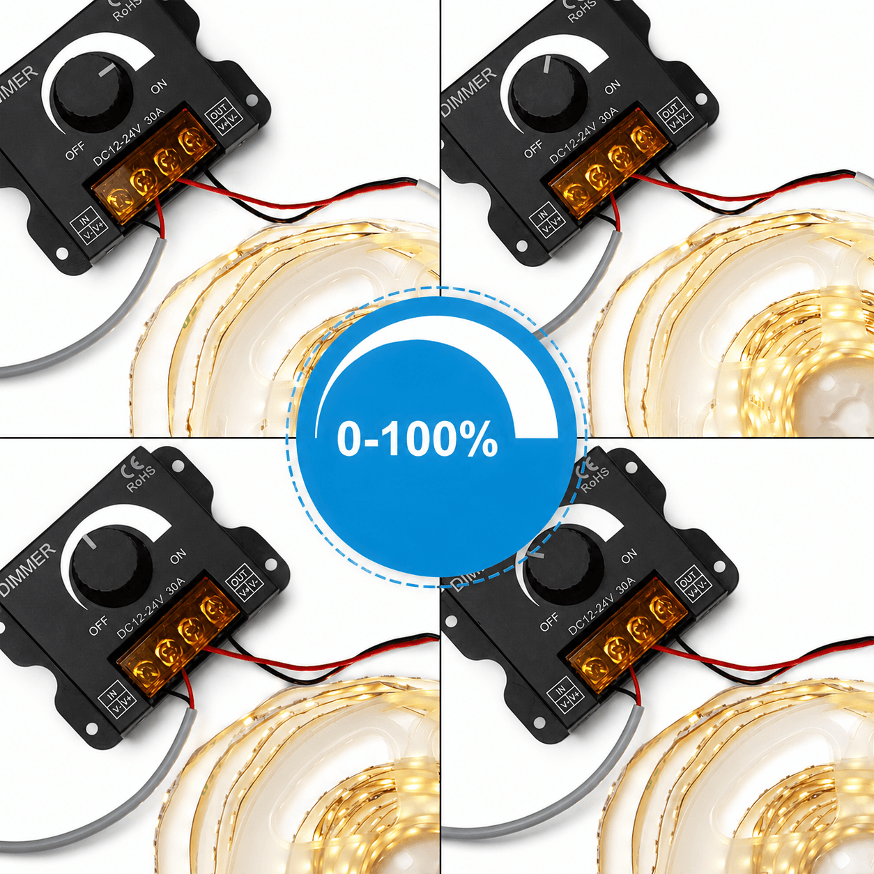 Dimmer LED pentru benzi MONO 30A 720W 12V/24V cu buton rotativ