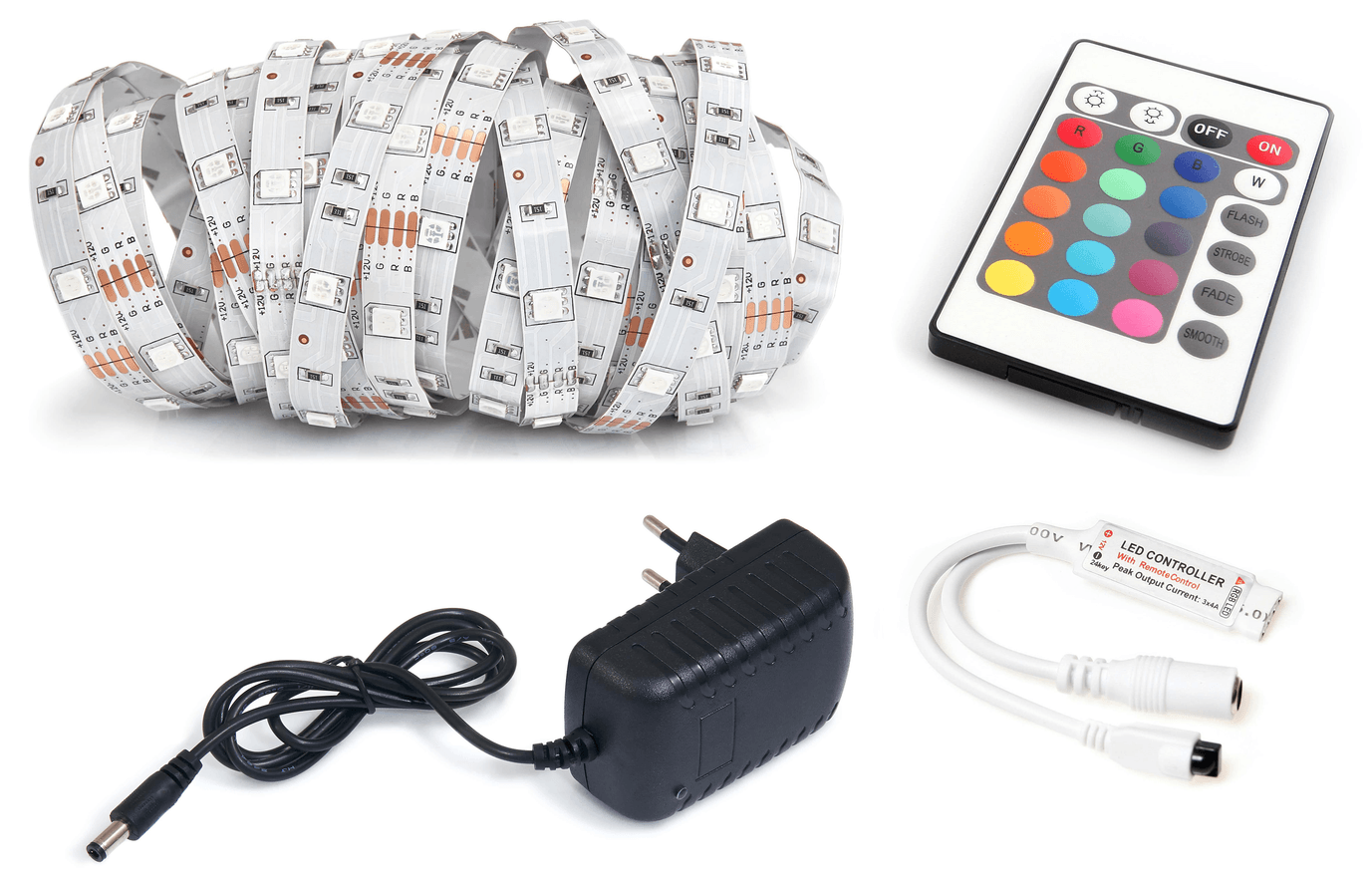 Set bandă LED 12V | 5050 | 30LED/M | 2M | IP20 | RGB + controler IR24 + alimentator 24W