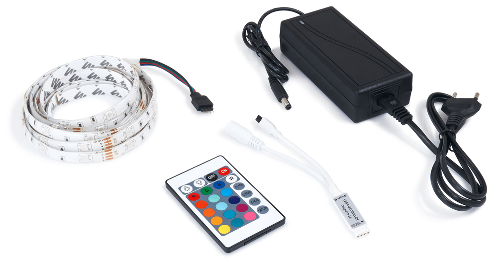 Set bandă LED 12V | 5050 | 60LED/M | 2.5M | IP65 | RGB + controler IR24 + alimentator 36W