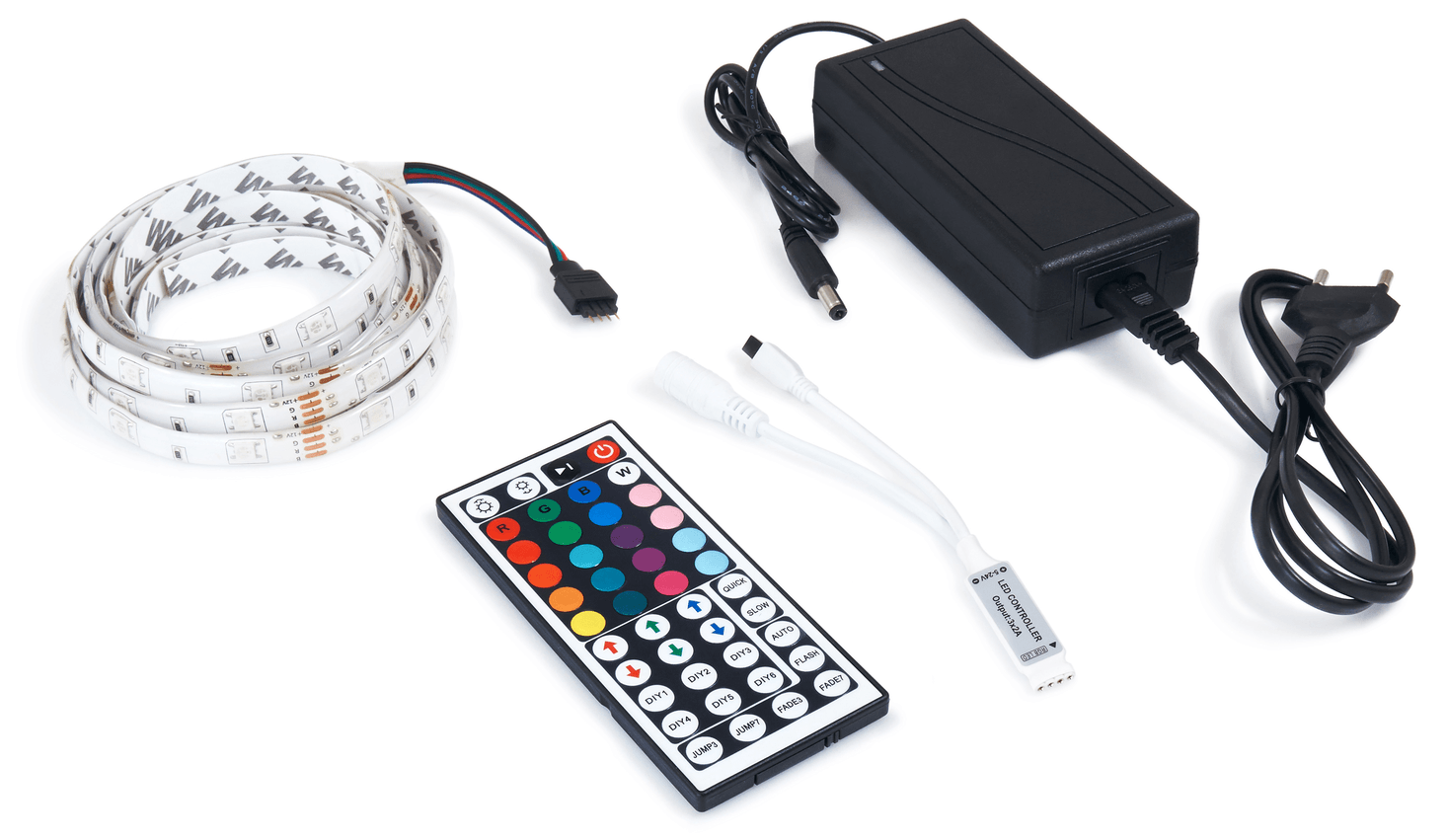 Set bandă LED 12V | 5050 | 60LED/M | 2.5M | IP65 | RGB + controler IR44 + alimentator 36W