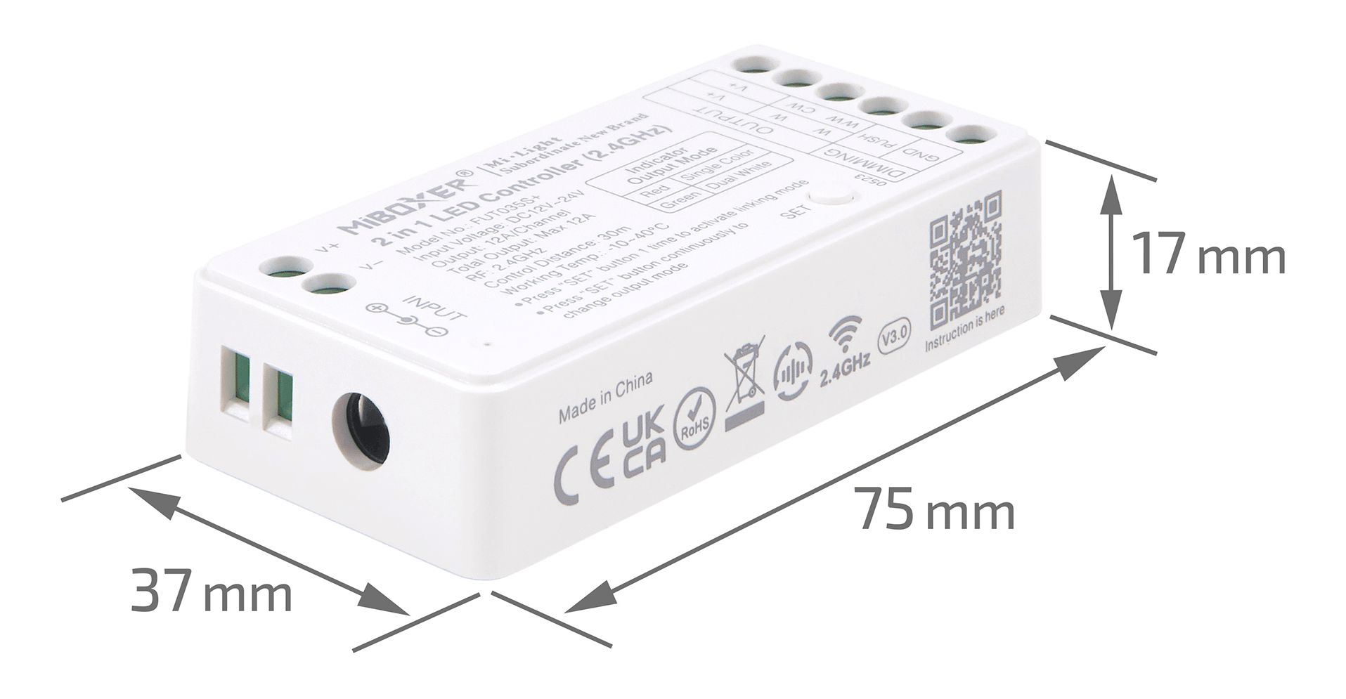 Mi-Light MiBoxer FUT035S+ controler LED 2în1 monocolor și CCT 2.4 GHz 12-24V 12A pentru telecomenzi zonale