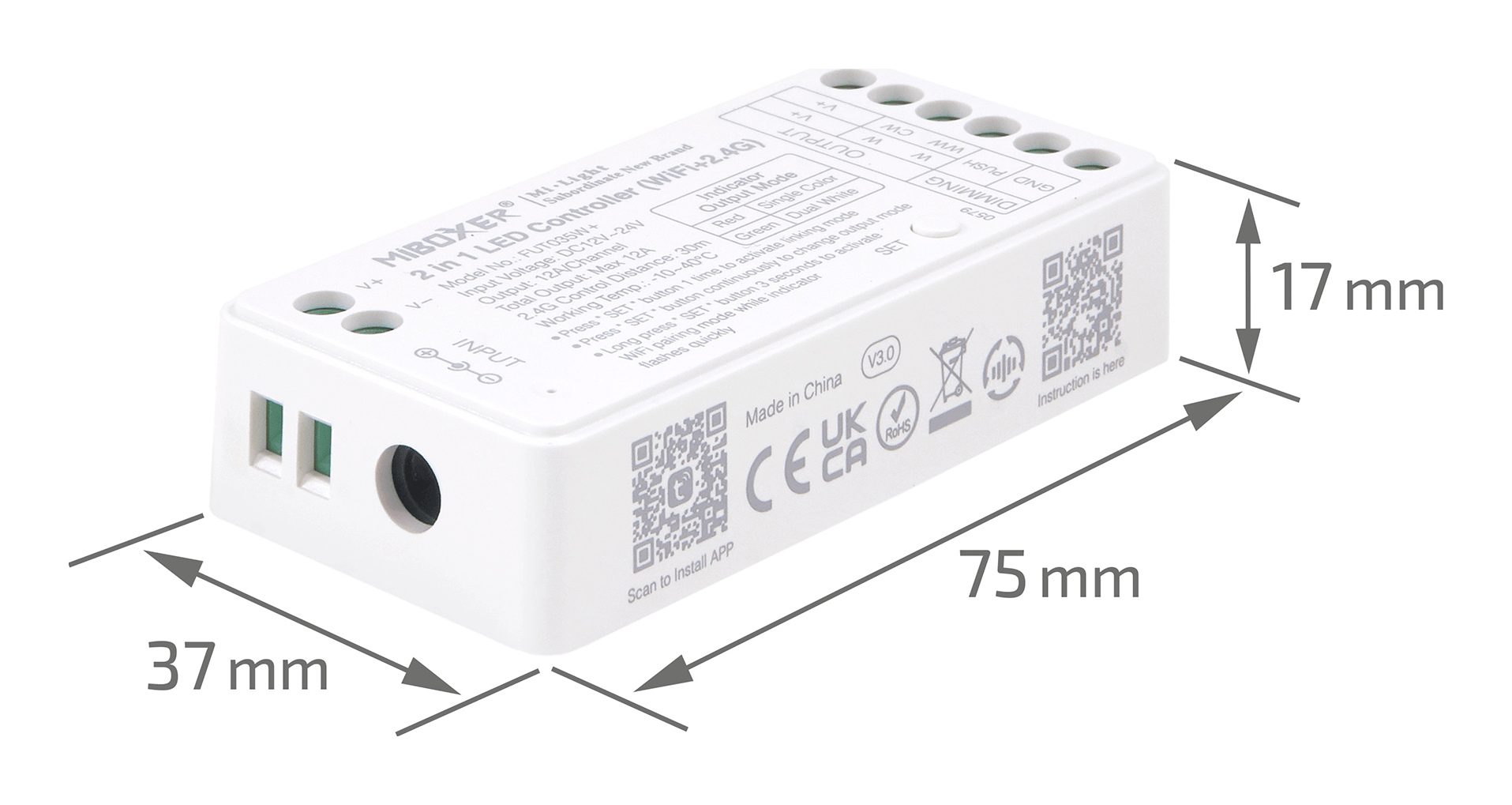 Mi-Light MiBoxer FUT035W+ kontroler LED WiFi 2w1 jednokolorowy i CCT 2.4 GHz 12-24V 12A